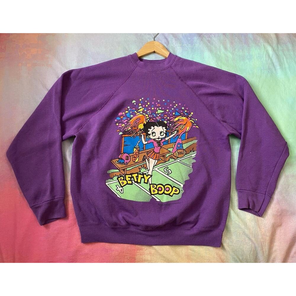 Vintage 90s Betty Boop Cheerleader Football Crewneck Sweatshirt Purple Sz XL